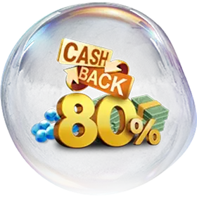 בועה נוצצת עם הכיתוב "Cash Back 80%" באותיות זהב, יהלומים כחולים, ערימת כסף ולוגו של פיש באפט מבית 7XL. | gg7xl
